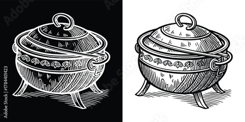 Vintage ornate pot or cauldron with lid and handles, depicted in a sketch style on black and white backgrounds