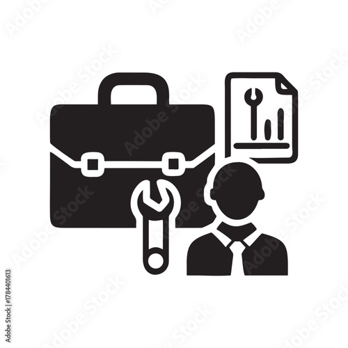 Professional Toolbox: A stylized illustration depicting the core elements of a technical service package: toolbox, documents, tools and technician