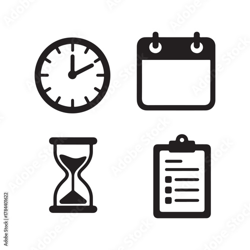 Time Management Essentials: A collection of icons representing the core elements of time management - clock, calendar, hourglass, and clipboard