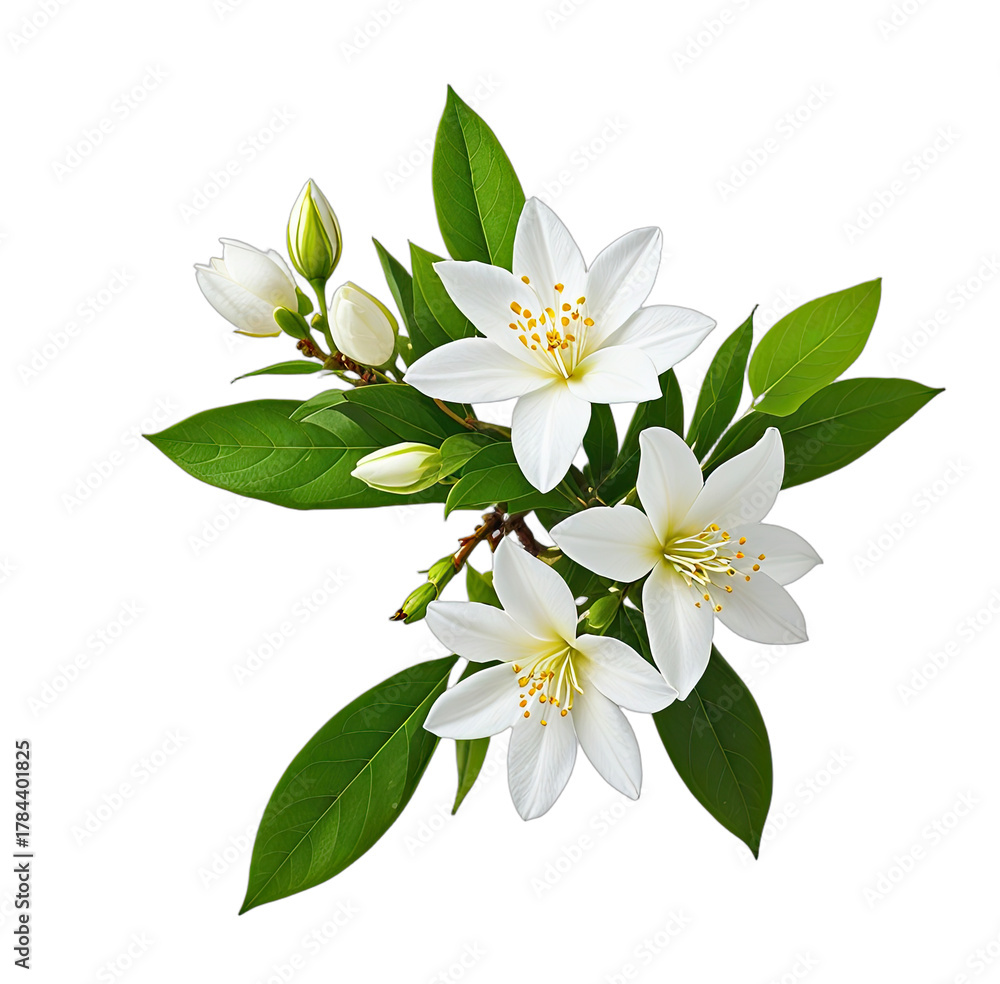 Fototapeta premium Cluster of delicate white blossoms with leaves on black background