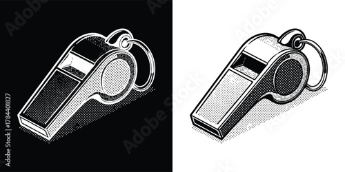A black and white illustration of a sports whistle, presented in two versions one on a black background and the other on a white background, isolated on white background