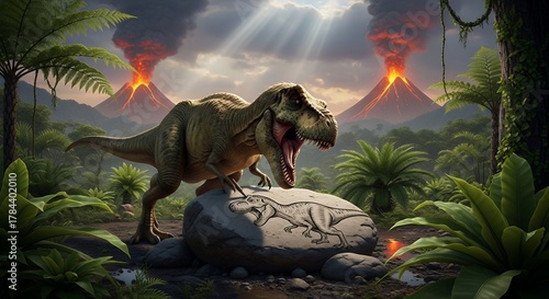 Dinosaur T Rex in Volcanic Landscape with Erupting Mountains and Lush Jungle