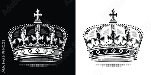 Ornate royal crown illustration in black and white, symbolizing power, monarchy, and prestige
