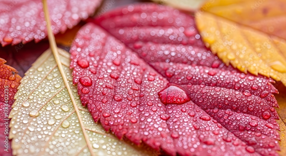 Fototapeta premium Beautiful autumn leaves in rich red and yellow hues, adorned with sparkling morning dew drops.