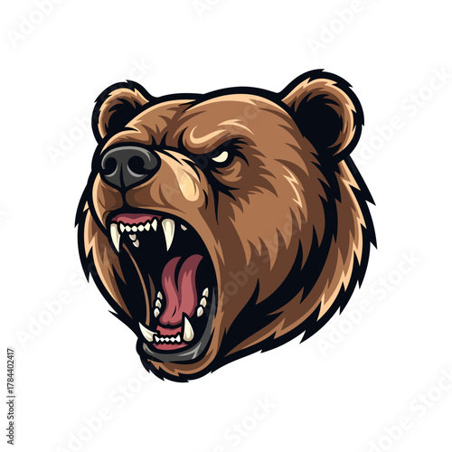 Fierce grizzly bear head illustration roaring aggressively with sharp teeth and open mouth, ideal for a powerful sports team mascot or impactful wilderness themed design