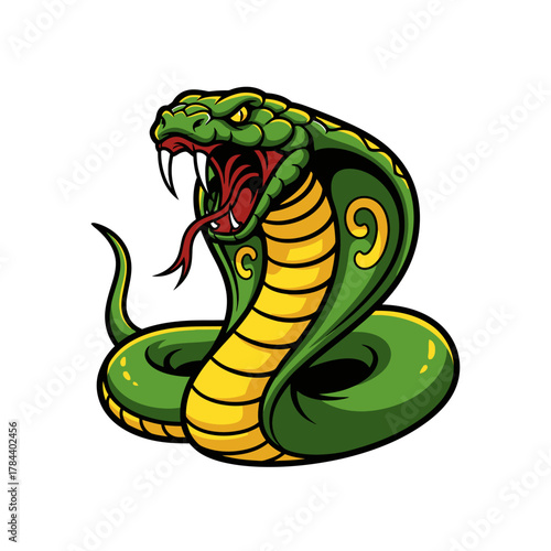 Menacing green cobra snake vector mascot logo illustration. An angry viper with bared fangs and forked tongue, perfect for a gaming or sports emblem