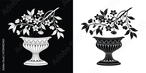 A vase filled with blooming flowers and leaves, representing nature and beauty, presented in black and white