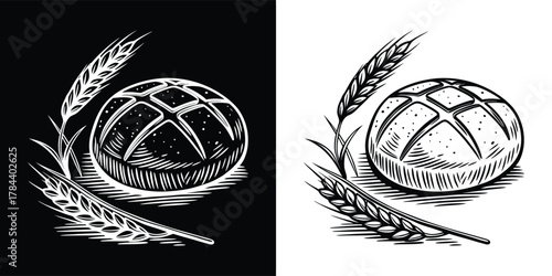 Hand drawn illustration of a rustic loaf of bread with wheat stalks, isolated on white background