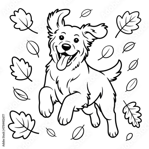 Happy Dog Jumping in Autumn Leaves Coloring Page
