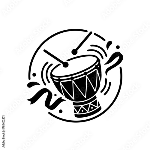 Traditional Indigenous musical instrument icon. A stylized black and white silhouette of a traditional instrument (such as a wooden flute, hand drum, plucked instrument). Represents the rich culture