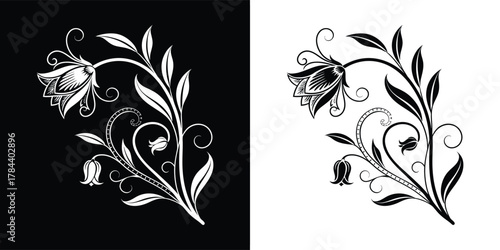 Decorative floral branch with bellshaped flowers, black and white illustration, isolated on white background