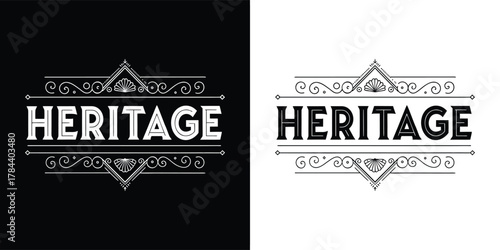 Vintage heritage text logo in black and white, with decorative elements, suitable for branding and design