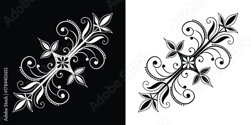 Decorative black and white corner flourish with swirling leaves and floral accents, isolated on white background