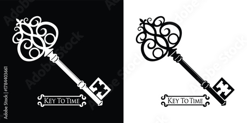 An ornate antique key with the words key to time inscribed on a banner, presented in both black on white and white on black