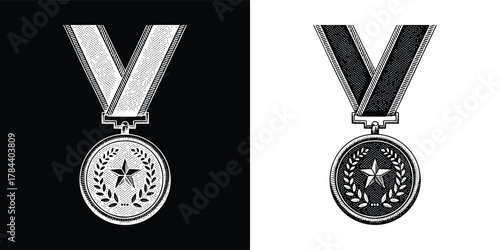 A black and white illustration of a sports medal with a ribbon, presented in two versions one on a black background and the other on a white background, isolated on white background