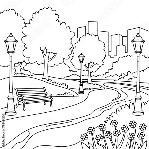 A black and white line-art illustration of a city park. 