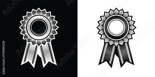 Award ribbon rosette, depicted in a scratchy, handdrawn style in both black and white versions