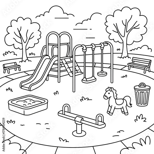 Playground Coloring Page for Kids – Swings, Slide, Sandbox & Trees
