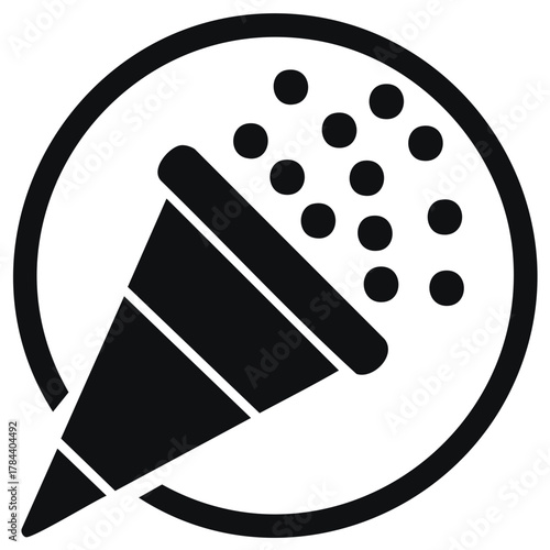 Abstract confetti cannon graphic in black and white, party celebration