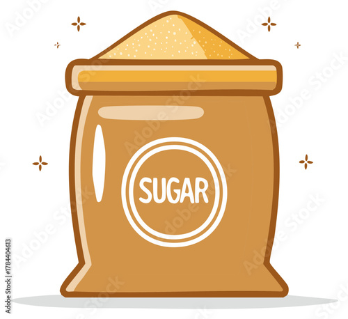 Cartoon illustration of a brown sugar sack with a 'SUGAR' label and sweet sparkling details
