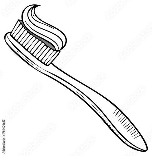 Stylized black and white illustration of a toothbrush with toothpaste swirled on top