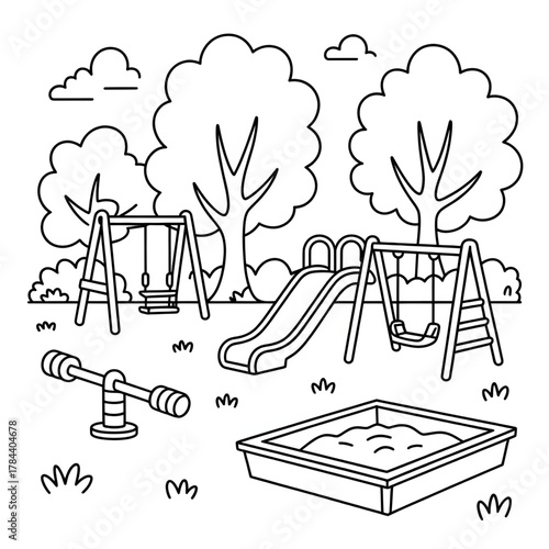 Playground Coloring Page for Kids – Swings, Slide, Sandbox & Trees
