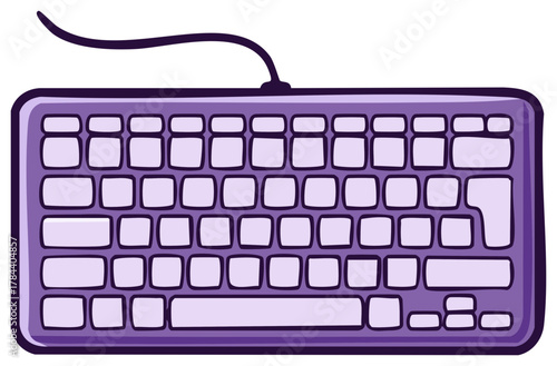 Stylized purple computer keyboard, designed with individual keys and attached cord for use in data entry and software control tasks