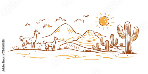 Desert landscape with camels and cacti vector