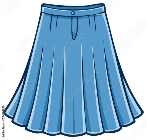 Light blue pleated A line skirt with button and zipper cartoon illustration fashion apparel