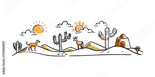 Desert landscape with sun cacti camels and hut cactus
