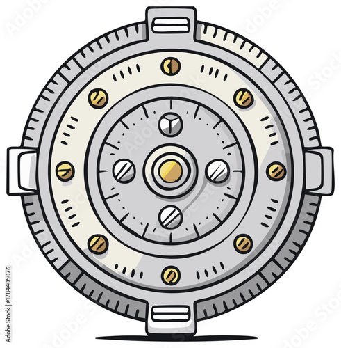 Cartoon illustration of a mechanical device with intricate circular design, silver and gold accents.