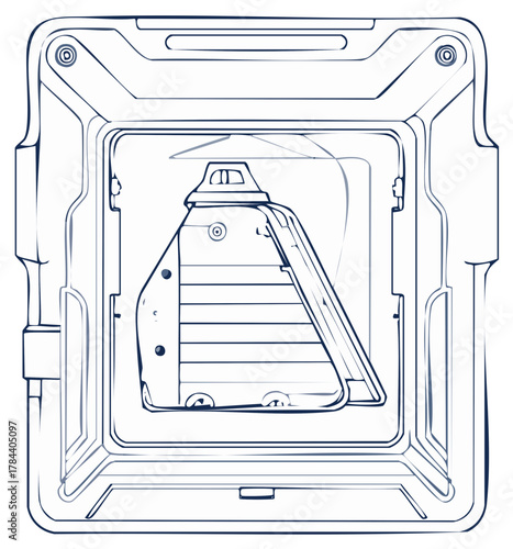 Sci-fi industrial equipment in a heavy duty protective case line art drawing