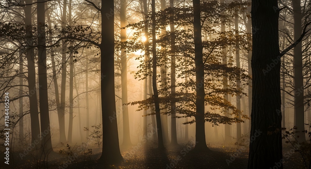 Obraz premium Sunlight filters through the dense, misty forest, illuminating the trees and creating a serene atmosphere.