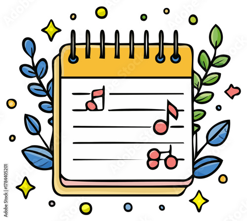 Whimsical cartoon music sheet notebook with floral elements and sparkles illustration