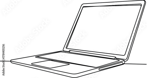Black outline of an open laptop computer on a white background technology device