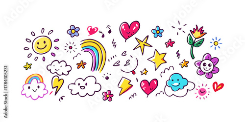 Whimsical doodle collection with sun clouds hearts and rainbows