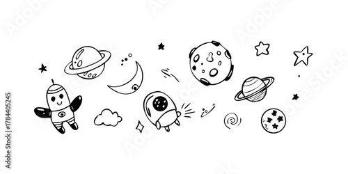 Whimsical Space Doodle Rocket Planets Stars Astronauts
