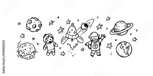 White doodle rocket ship with stars and planets space