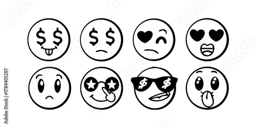 Black Doodle Emoji Faces on White Background vector