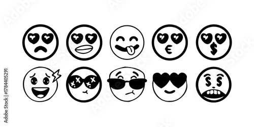 Black Doodle Emoji Faces on Transparent Background