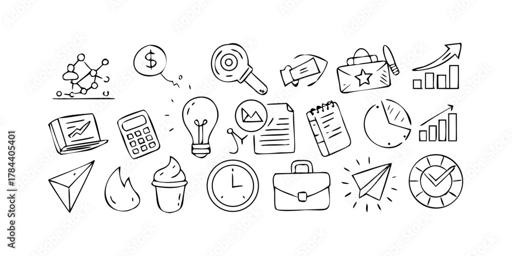 Naklejka premium Business doodle icons in sketch style on white background
