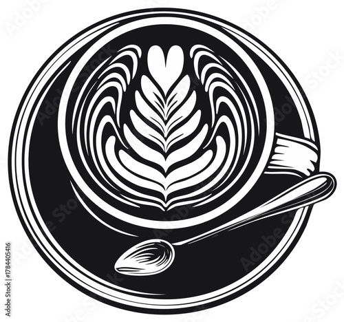 Stylish Coffee Cup with Latte Art and Spoon in Black and White