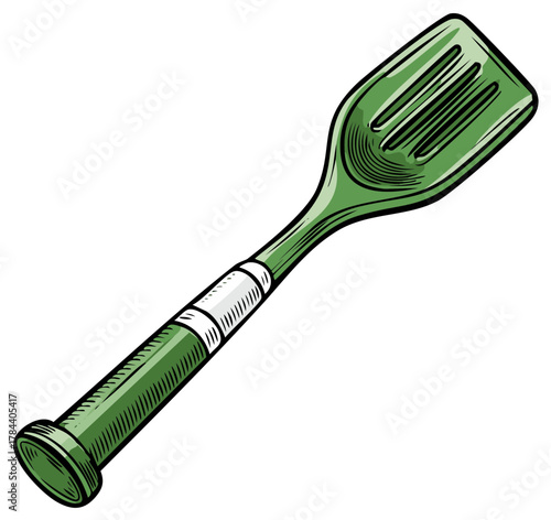 Green Kitchen Spatula Illustration, Slotted Spoon Utensil for Cooking and Serving Food
