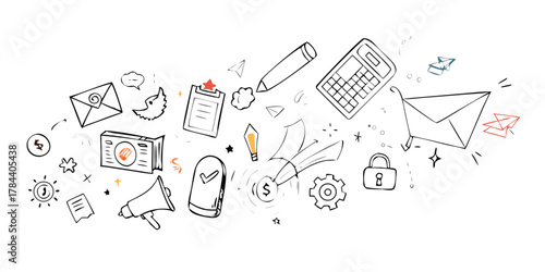 Business Icons Doodle with Orange and Blue Accents