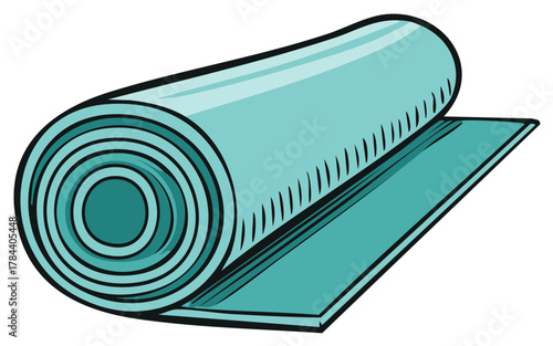Rolled-up yoga or exercise mat in vibrant teal, ready for fitness practice.