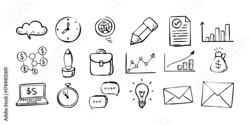 Hand Drawn Doodle Business Icons on Transparent Background