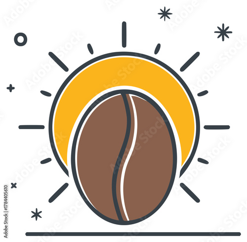 Fresh coffee bean illustration with morning sun and sparkles for an energizing start