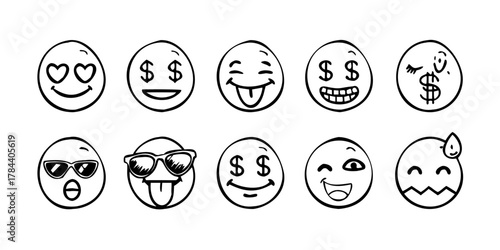 Hand drawn doodle emoji faces with various expressions 1