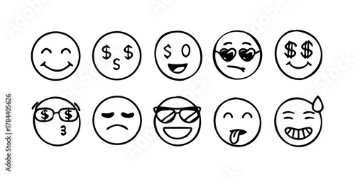 Hand drawn doodle emoji faces with various expressions