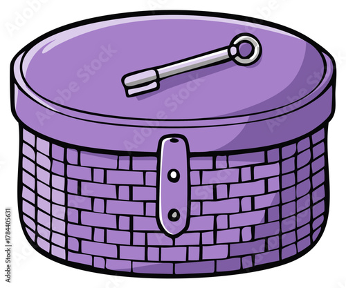 Vibrant purple cartoon storage box with an oval lid and a key placed on top